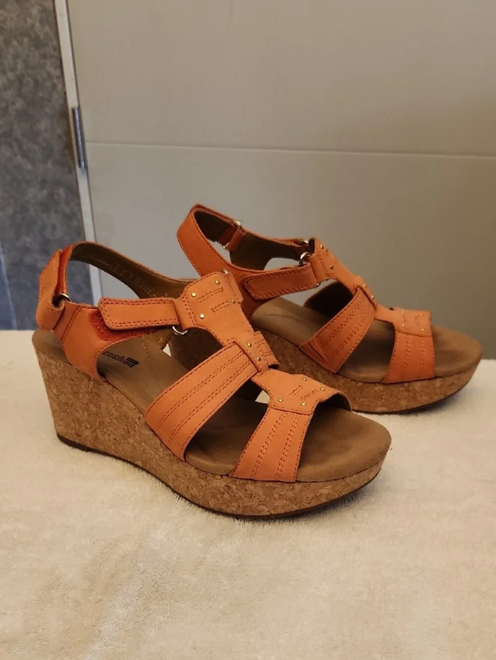 Clarks Women's Orange Cork Wedge Sandals, size 7.5